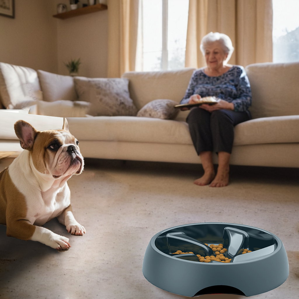 English bulldog eats by slow feeder dog bowl