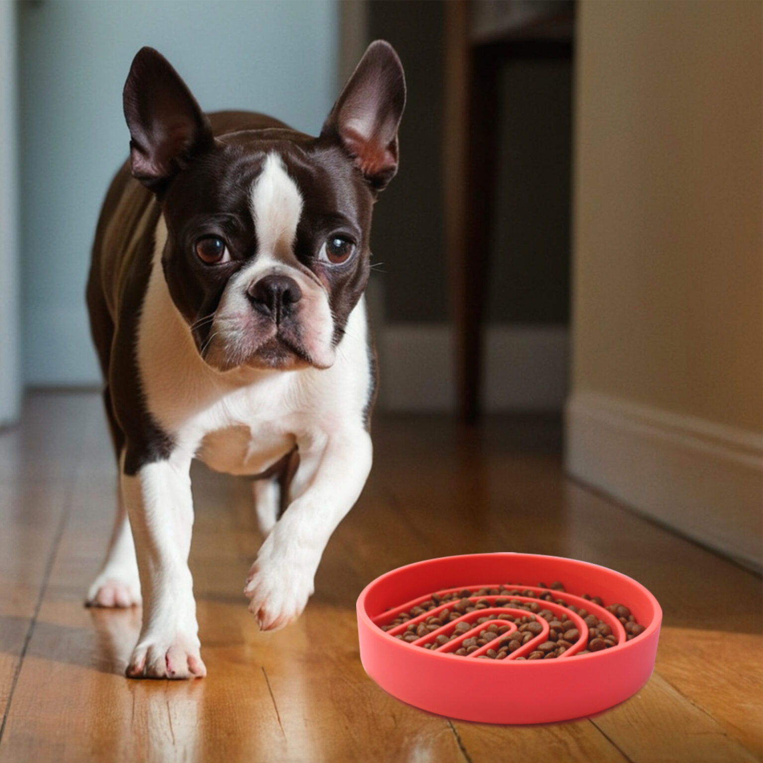 A boston terrier has slow feeder dog bowl