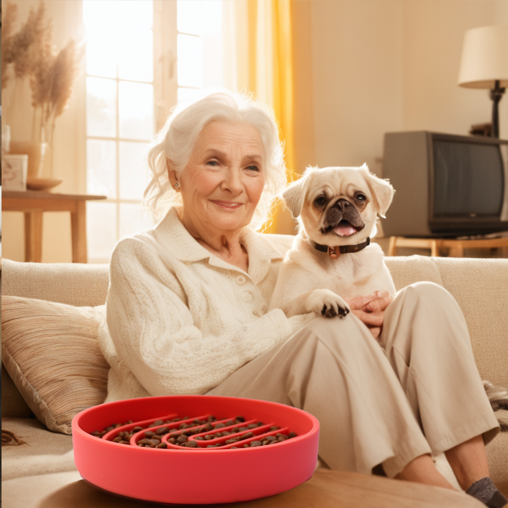 A pug with her slow feeder dog bowl